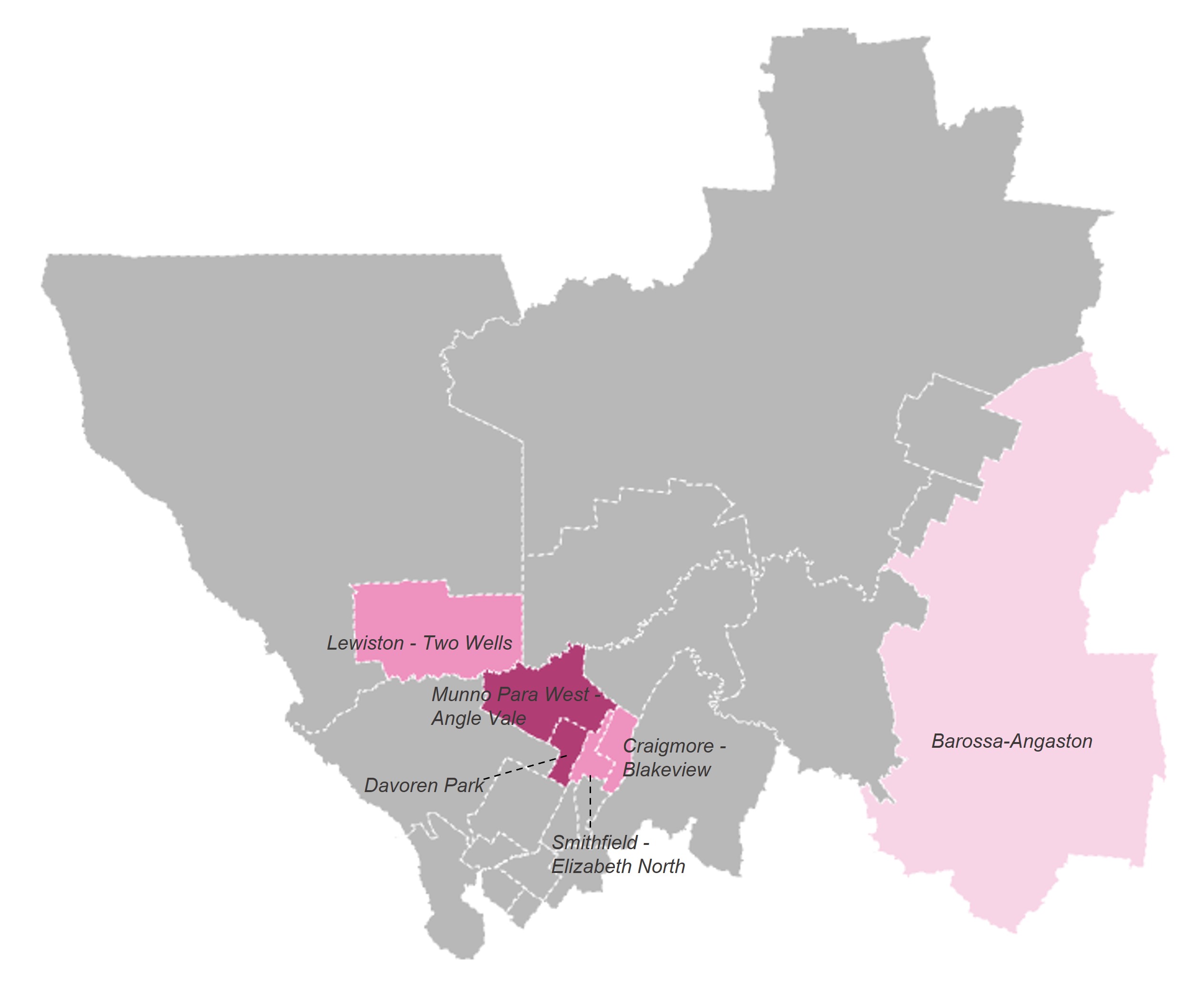 Estimated preschool unmet demand for 2032 by SA2 in Region 5 (Outer-northern suburbs, Barossa Valley).